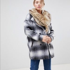 ASOS soft wool plaid peacoat with faux fur collar